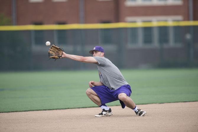 LSU senior outfielder Jared Foster (17) catches the ball during the Tigers' forth practice at the NCAA College World Series on Wednesday, June 17, 2015 in Creighton University Sports Complex.