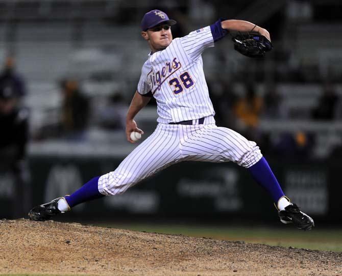 LSU junior pitcher Nick Rumbelow (38) throws the ball March 6, 2013, during the Tigers' 10-2 victory against Sacred Heart at Alex Box Stadium.