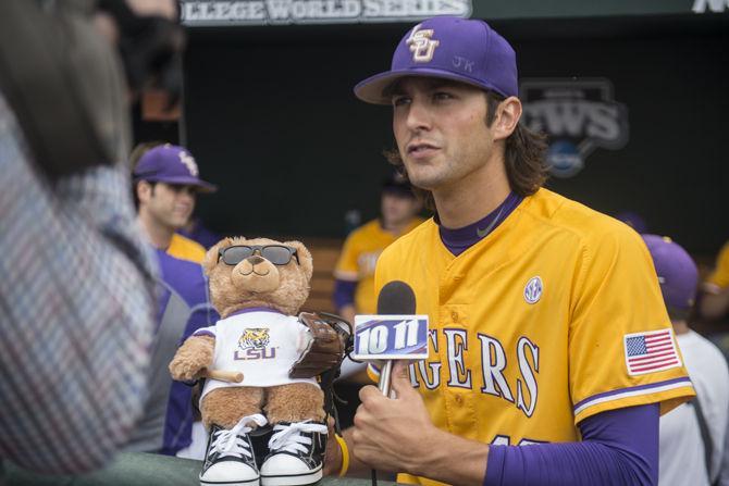 LSU senior Zac Person (49) addresses the media with Lil&#8217; Brown Suga during LSU&#8217;s first practice at the NCAA Men's College World Series on Friday, June 12, 2015 at the TD Ameritrade Park in Omaha.