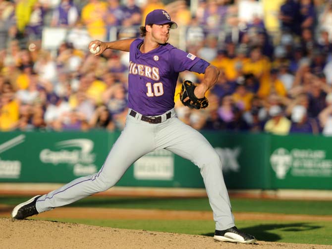 LSU junior pitcher Aaron Nola (10) winds up to pitch Saturday, May 31, 2014 during the Tigers' 5-1 victory against Houston in Alex Box Stadium.