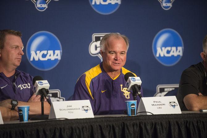 LSU head coach Paul Mainieri addresses the media during the NCAA Men's College World Series press conference on Friday, June 12, 2015 in the TD Ameritrade Park in Omaha.