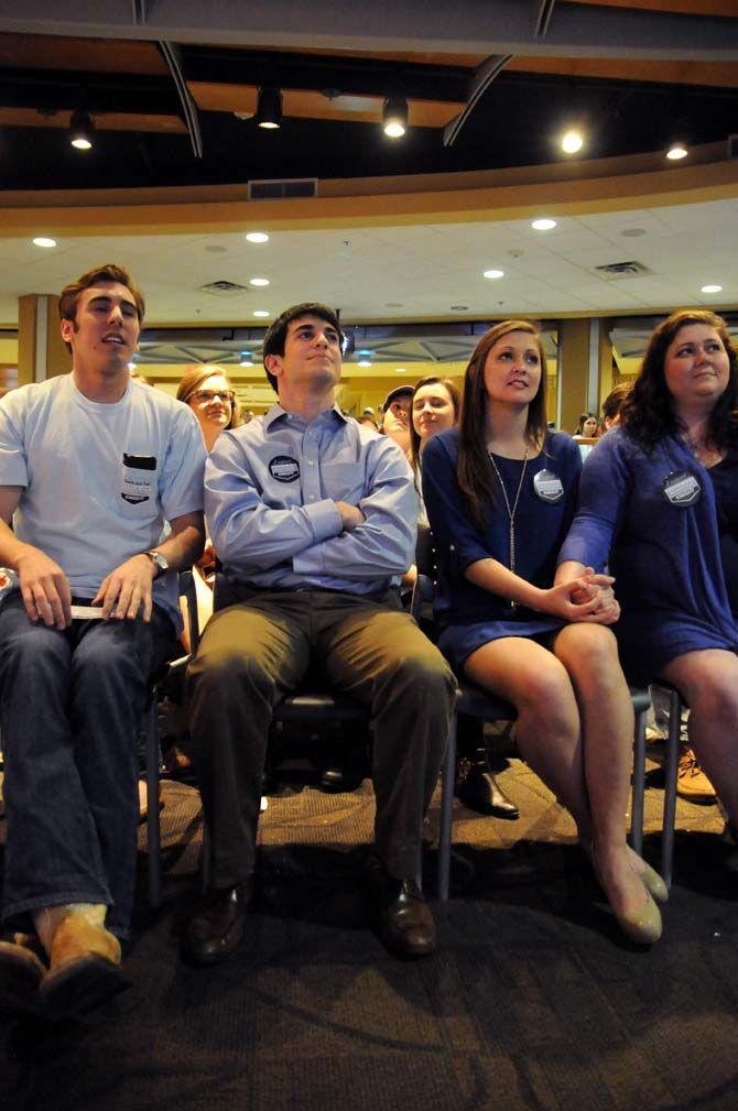 LSU Student Government vice presidential candidate Hannah Knight and presidential candidate Andrew Mahtook from the Here &amp; Now ticket await the results from the 2015 Spring election on Wednesday, March 11, 2015 in the Live Oak Lounge.