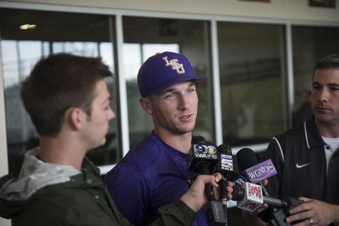 LSU junior indfielder Alex Bregman (8) addresses the media before the Tigers' third practice at the NCAA College World Series on Monday, June 15, 2015 in Creighton University Sports Complex.