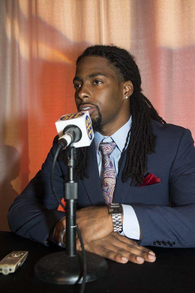 Arkansas senior wide receiver, Keon Hatcher (4), sits for the media during SEC Media Days on Wednesday, July 15, 2015 in Hoover, Alabama.