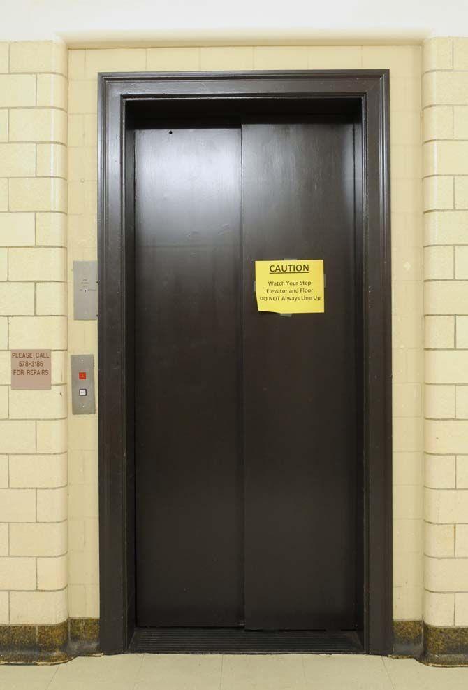 An elevator in Allen Hall sits unlevel with the ground floor. The elevator will be moved to another part of the building during Allen Hall's renovations.&#160;