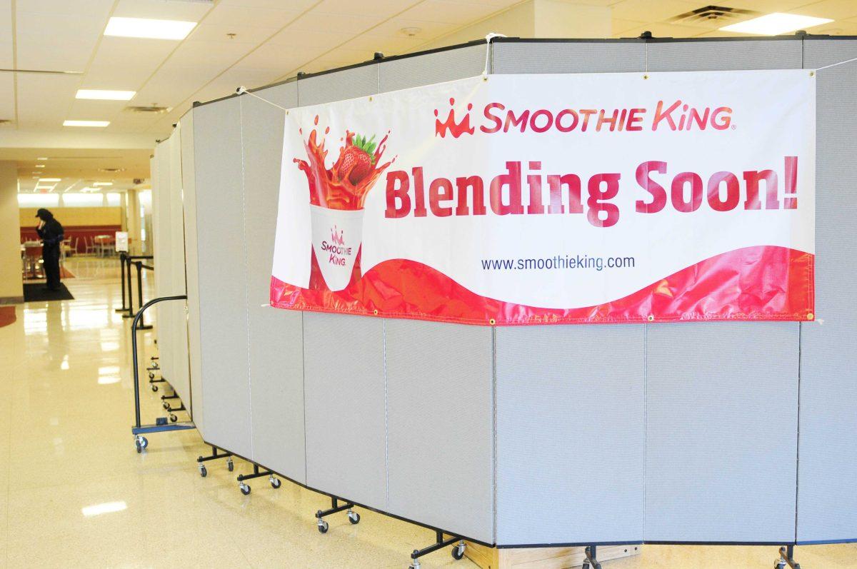 A partition and sign marking the new Smoothie King covers the former Jamba Juice. Smoothie King is set to replace the Jamba Juice inside the LSU Student Union.&#160;