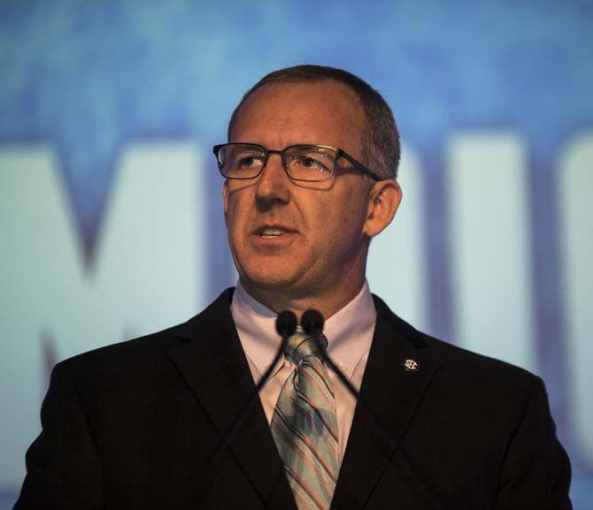 SEC Commissioner Greg Sankey kick starts SEC Media Days with a small speech follwed by a Q&amp;A on Monday, July 13, 2015 in Hoover, Alabama.