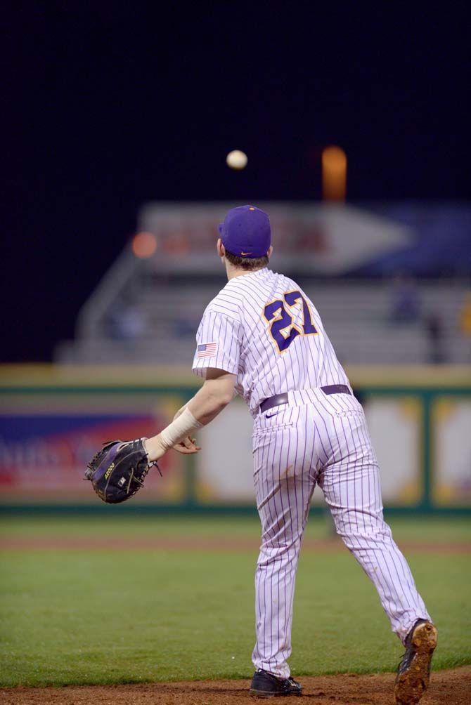 LSU sophomore infielder Danny Zardon (27) throws the ball during game against Stephen F. Austin Tuesday, Mar. 3, 2015 in the Alex Box Stadium.