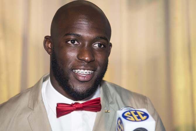 LSU sophomore running back, Leonard Fournette (27), sits before the media during a Q&amp;A for SEC Media Days on Thursday, July 16, 2015 in Hoover, Alabama.