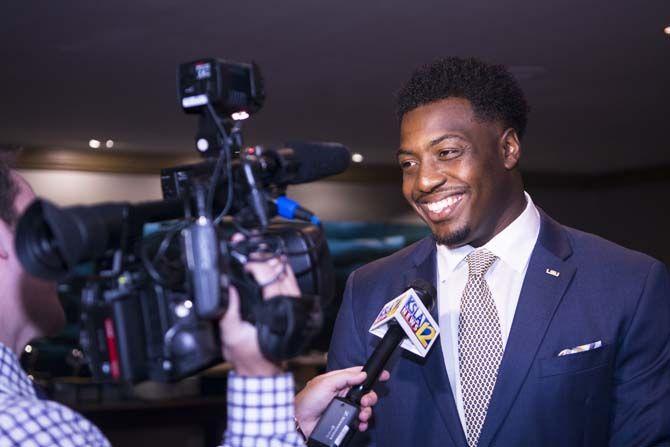 LSU junior linebacker, Kendell Beckwith (52), interviews with KSLA News during SEC Media Days on Thursday, July 16, 2015 in Hoover, Alabama.