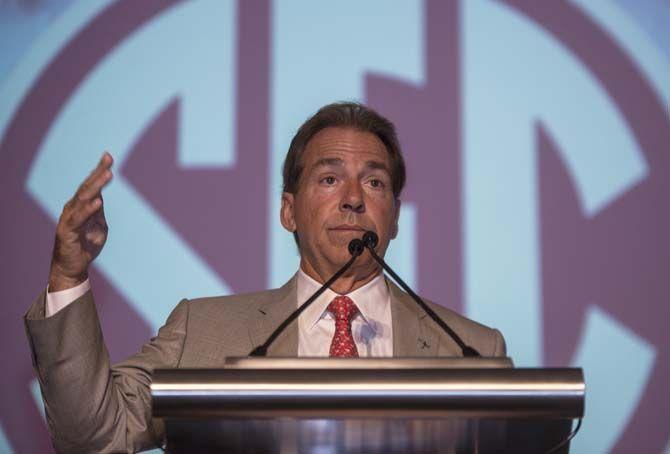 Alabama head coach Nick Saban speaks before the media during SEC Media Days on Wednesday, July 15, 2015 in Hoover, Alabama.