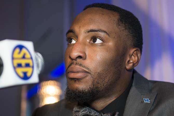 Kentucky senior safety, A.J. Stamps (1), sits before the media on Wednesday, July 15, 2015 during SEC Media Days in Hoover, Alabama.