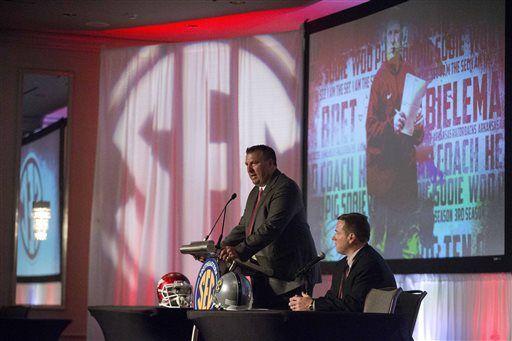 Arkansas coach Bret Bielema speaks to the media at the Southeastern Conference NCAA college football media days, Wednesday, July 15, 2015, in Hoover, Ala. (AP Photo/Brynn Anderson)