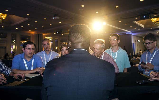 Florida sophomore wide receiver, Brandon Powell (4), sits for Q&amp;A during SEC Media Days on Monday, July 13, 2015 in Hoover, Alabama.