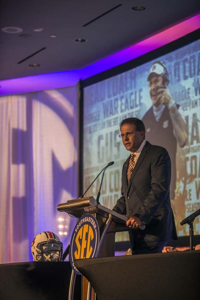 Auburn head football coach, Gus Malzahn, has a Q&amp;A during SEC Media Days on Monday, July 13, 2015 in Hoover, Alabama.