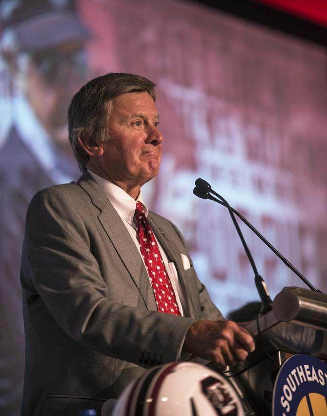 South Carolina head football coach, Steve Spurrier, takes the podium during SEC Media Days on Tuesday, July 14, 2015 in Hoover, AL.