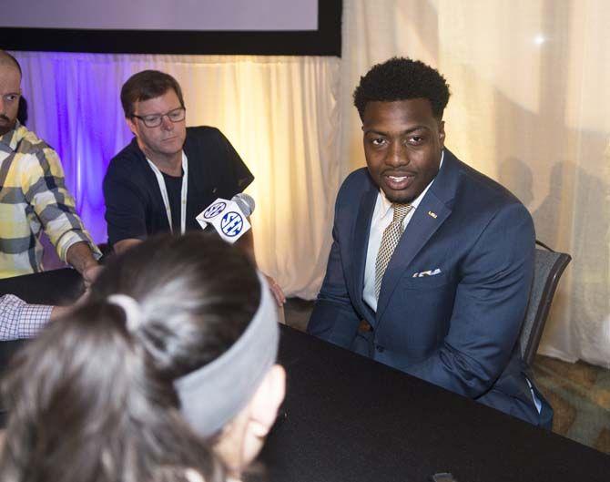 LSU junior linebacker, Kendell Beckwith (52), sits before the media during SEC Media Days on Thursday, July 16, 2015 in Hoover, Alabama.