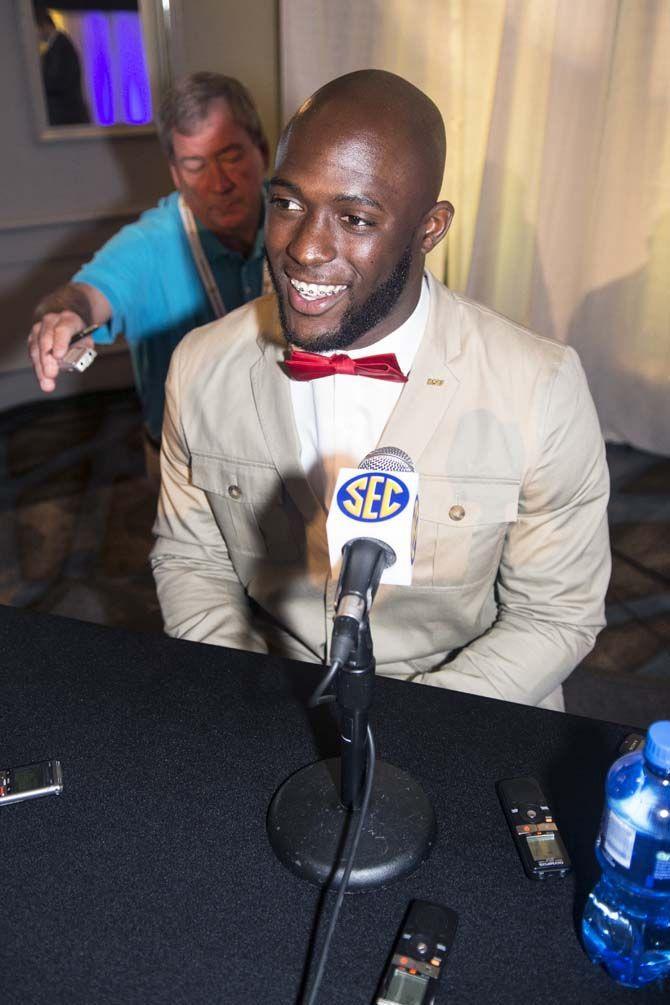 LSU sophomore running back, Leonard Fournette (27), sits before the media during a Q&amp;A for SEC Media Days on Thursday, July 16, 2015 in Hoover, Alabama.