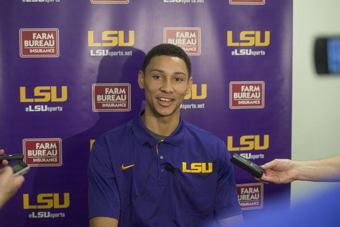 LSU freshman forward Ben Simmons (25) addresses the media during the basketball media session Wednesday, July 1, 2015 in the media room of the LSU basketball practice facility.