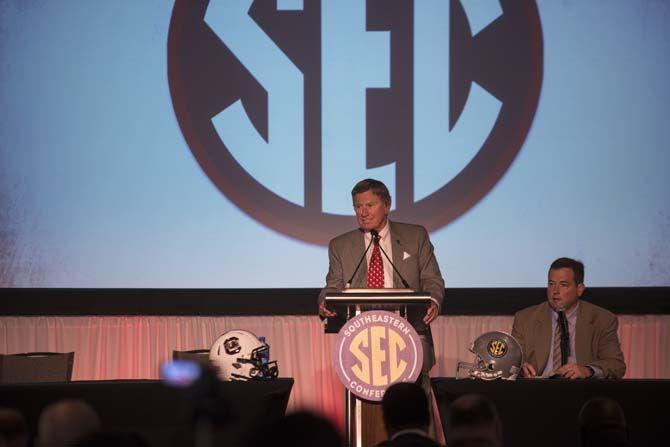 South Carolina head football coach, Steve Spurrier, stands before the media on Tuesday, July 14, 2015 during SEC Media Days in Hoover, Alabama.