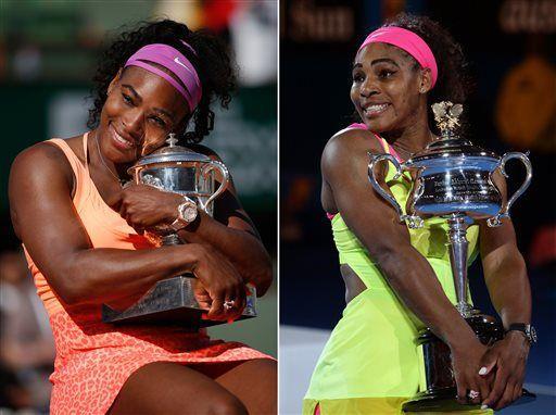 ADVANCE FOR WEEKEND EDITIONS, AUG. 29-30 - FILE - At left, in a June 6, 2015, file photo,&#160;Serena Williams holds the trophy after winning the final of the French Open tennis tournament against Lucie Safarova in Paris, France. At right, in a Jan. 31, 2015, file photo, Serena Williams holds the trophy after winning the final of the Australian Open tennis tournament against Maria Sharapova in Melbourne, Australia. To Serena Williams, winning all four of tennis' most prestigious tournaments in the same season become "a distant dream, fable, kind of thing" _ and yet here she is, entering the U.S. Open on the brink of tennis' first Grand Slam in 27 years. (AP Photo/File)