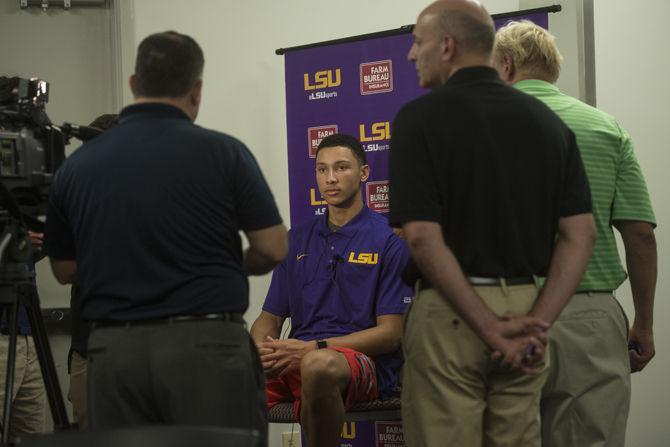 LSU freshman forward Ben Simmons (25) addresses the media during the basketball media session Wednesday, July 1, 2015 in the media room of the LSU basketball practice facility.