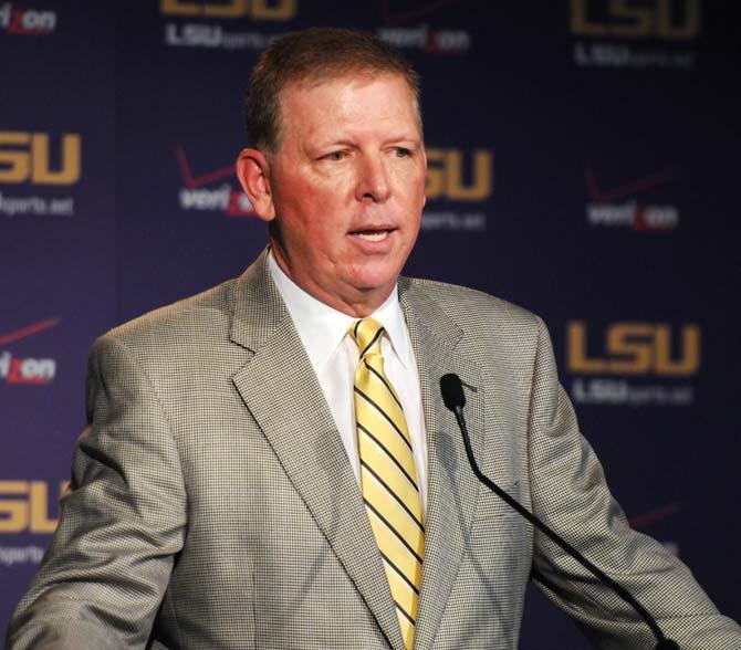 Former Baltimore Ravens offensive coordinator Cam Cameron discusses his plans for the LSU football team at a press conference on Feb. 15, 2013, at the Athletic Administration Building. LSU football head coach Les Miles announced Cameron as the team's new offensive coordinator.