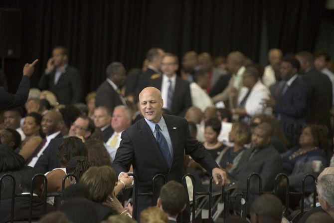 Mayor of New Orleans Mitch Landrieu shakes hand with a member of the audience on Thursday, Aug. 27, 2015 in The Lower 9th Ward Senior Center Andrew P. Sanchez &amp; Copelyn-Bird Center.