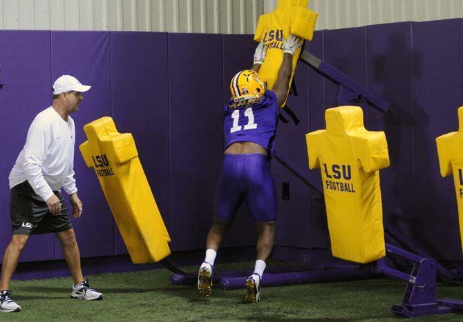 LSU senior LB Lamar Louis (11) on Saturday, Mar. 07, 2015 during the first spring practice at the Football Operations practice field.