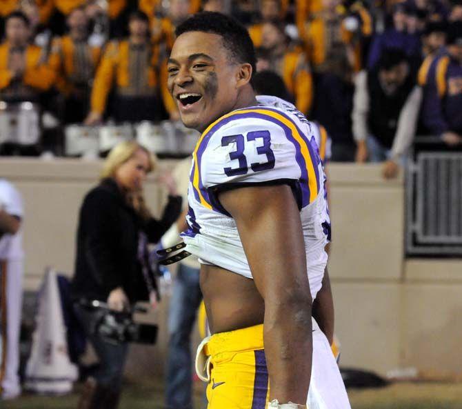 LSU freshman safety, Jamal Adams (33), celebrates after the Tiger&#8217;s 23-17 victory against Texas A&amp;M in Kyle Field, College Station on November 27.