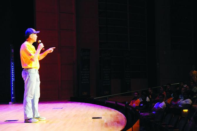 LSU President F. King Alexander welcomes students Saturday, Aug. 22, during Community Bound at the Union Theater.