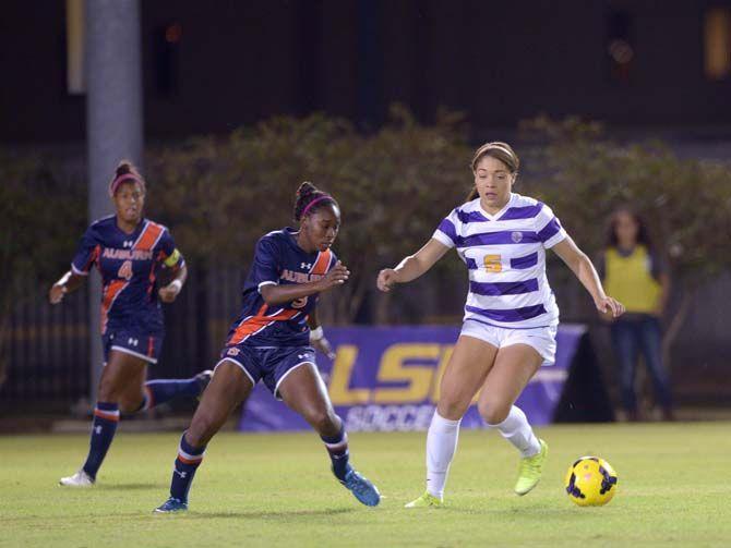 LSU fresman forward Jorian Baucom (5) dribbles the ball during Tigers' defeat 2-0 against Auburn Thursday, Oct. 30, 2014 in LSU Soccer Stadium.