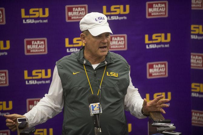 LSU football coach Les Miles talks to the media at a post-scrimmage press conference on Tuesday, Aug. 25, 2015 at the Football Operations Center.