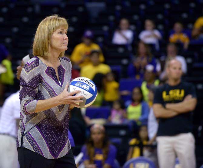 Fran Flory prepares her players before the game during the Tigers' 3-1 loss aginst Kentucky Wednesday, September 24, 2014 in the PMAC. Since then she has becomed LSU volleyball winningest head coach.