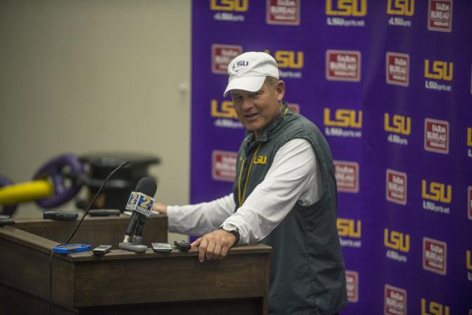 LSU football coach Les Miles talks to the media at a post-scrimmage press conference on Tuesday, Aug. 25, 2015 at the Football Operations Center.