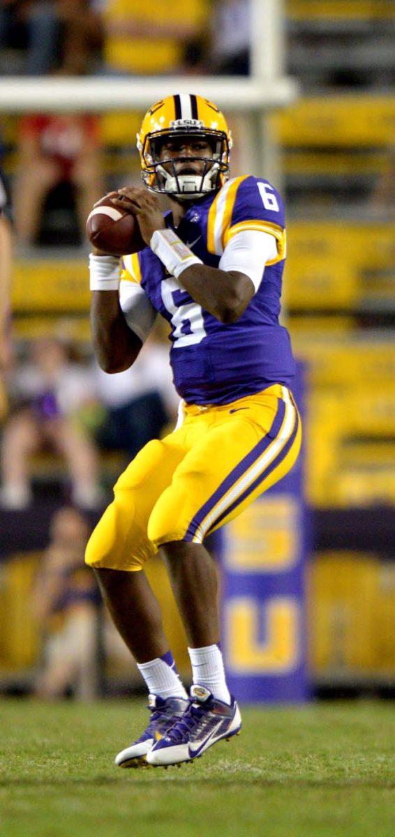 LSU freshman quarterback Brandon Harris (6) looks down the field for a receiver Saturday, Sep. 13, 2014 during the Tigers' 31-0 victory against ULM in Tiger Stadium.