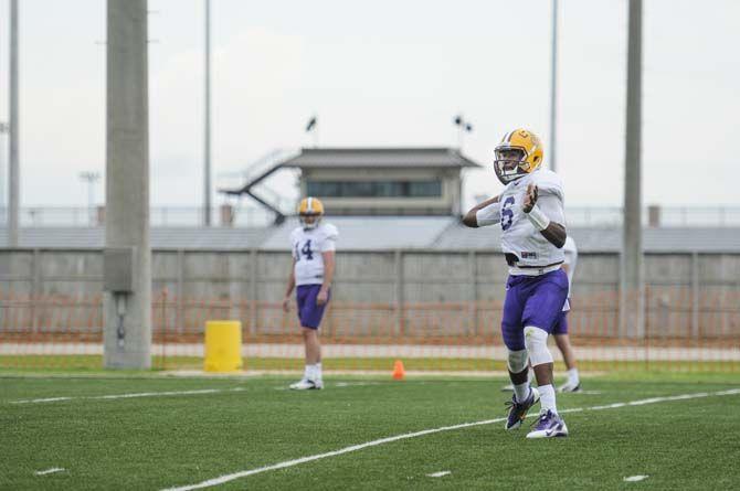 LSU sophomore quarterback Brandon Harris practices Thursday, March 26, 2015 at the Charles Mcclendon practice facility.