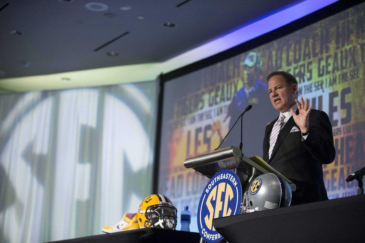 LSU coach Les Miles speaks to the media at the Southeastern Conference NCAA college football media days, Thursday, July 16, 2015, in Hoover, Ala. (AP Photo/Brynn Anderson)