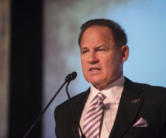 LSU head football coach, Les Miles, stands before the media during a Q&amp;A for SEC Media Days on Thursday, July 16, 2015 in Hoover, Alabama.