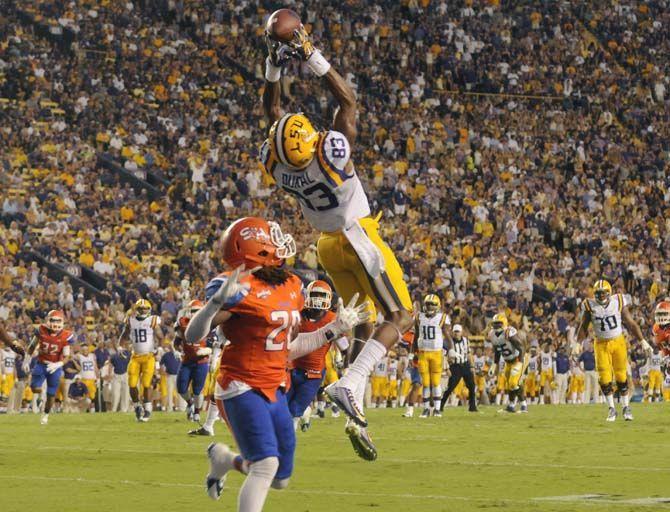 LSU sophomore wide receiver Travin Dural (83) catches the ball to score a touchdown on the second quater Saturday, September 6, 2014 in Tiger Stadium. Tigers' lead 35-0 in half time.