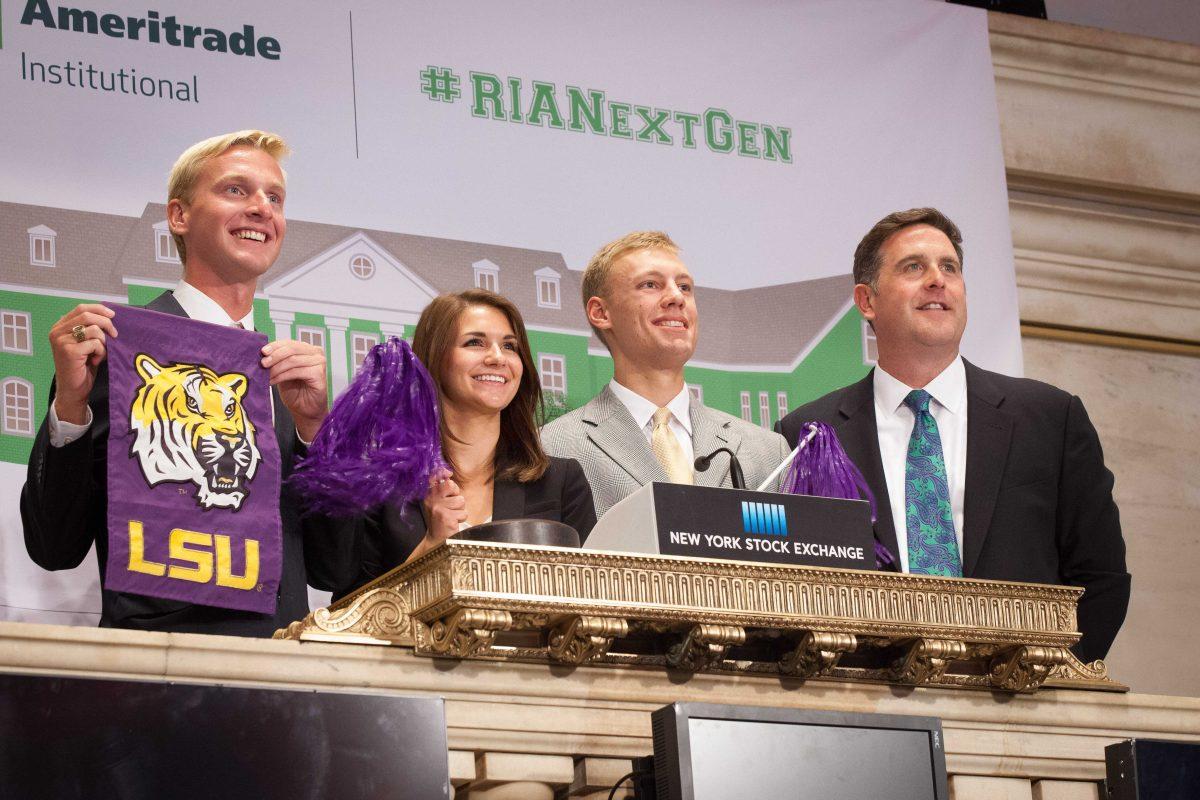 LSU fianance seniors Daniel Wendt,&#160;Madison Nixon and&#160;Christian Vardaman visit New York Stock Exchange.