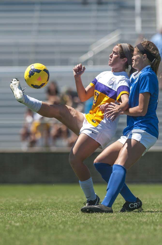 LSU senior defender Gracie Campbell (23) kicks the ball during the Tigers' 1-0 victory against Duke University on Sunday, Sept. 13, 2015, in the LSU Soccer Stadium.