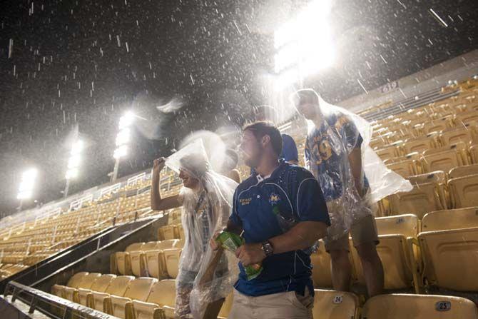 Fans continue to party when the LSU vs. McNeese St. game gets canceled due to lightning in the area on Sept. 05, 2015, in Tiger Stadium.