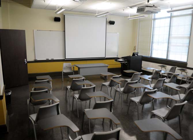 Empty desks line a classroom in Audubon Hall on Monday, October 14, 2013 at LSU.