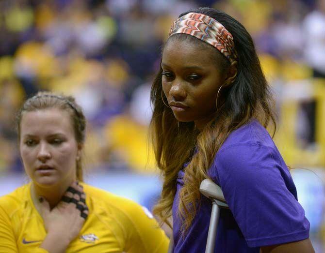 LSU junior middle blocker Khourtni Fears (1) sits on the sidelines during Tiger's 1-3 loss aginst Kentucky Wednesday, September 24, 2014 in the PMAC.