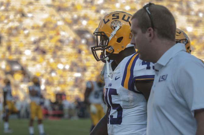 LSU senior linebacker Deion Jones (45) is ejected for targeting during the Tigers' 45-21 victory against Auburn on Saturday, Sept.19, 2015, in Tiger Stadium.