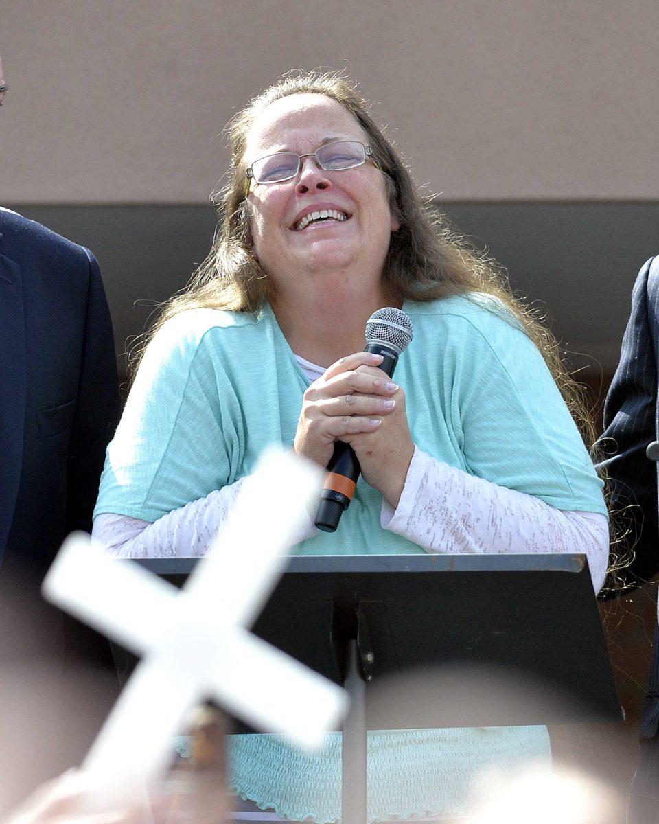 Rowan County Clerk Kim Davis pauses as she speaks after being released from the Carter County Detention Center, Tuesday, Sept. 8, 2015, in Grayson, Ky. Davis, the Kentucky county clerk who was jailed for refusing to issue marriage licenses to gay couples, was released Tuesday after five days behind bars. (AP Photo/Timothy D. Easley)