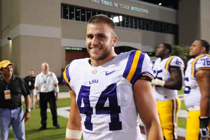 LSU Sophomore Fullback, John David Moore (44), smiles in excitement after the Tigers beat Mississippi State 21-19 on Saturday, at Davis Wade Stadium.