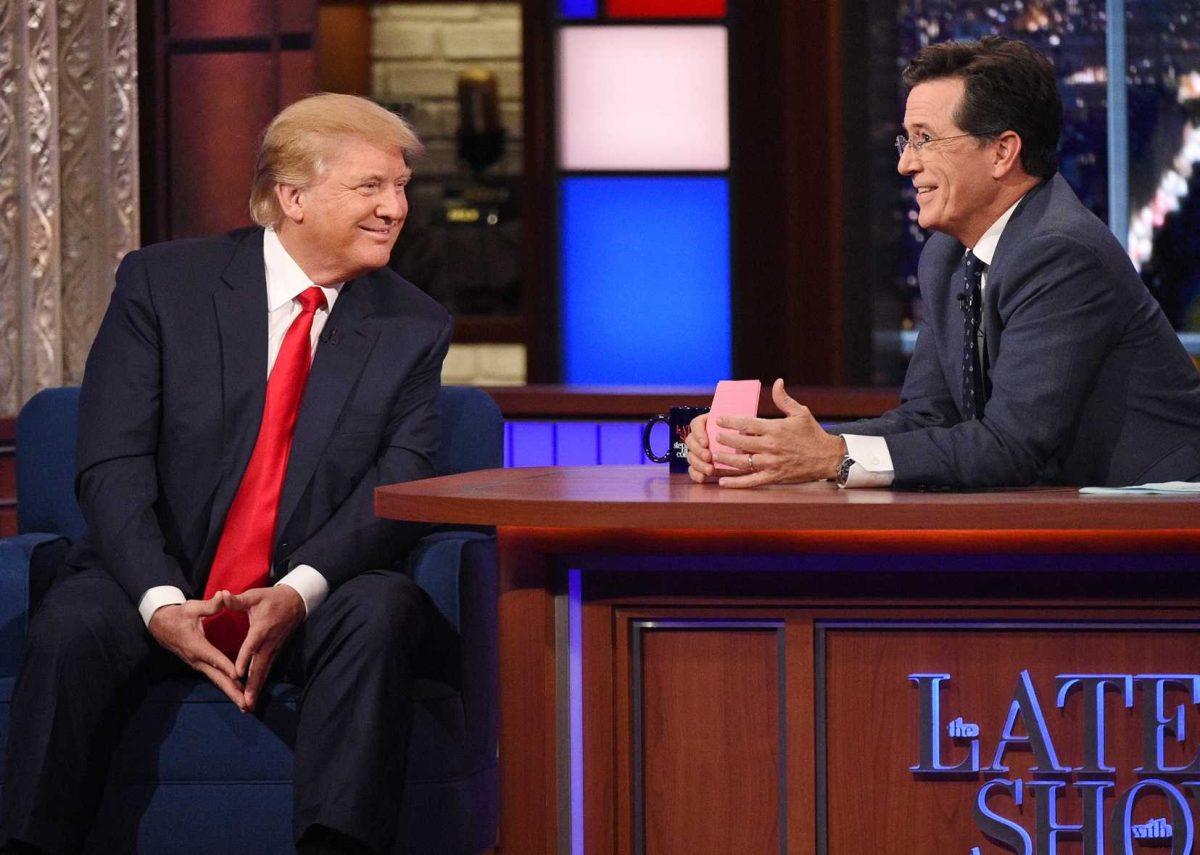 In this photo provided by CBS, Republican presidential candidate Donald Trump, left, joins host Stephen Colbert on the set of &#8220;The Late Show with Stephen Colbert,&#8221; Tuesday, Sept. 22, 2015, in New York. (John Paul Filo/CBS via AP) MANDATORY CREDIT; NO ARCHIVE; NO SALES; NORTH AMERICAN USE ONLY