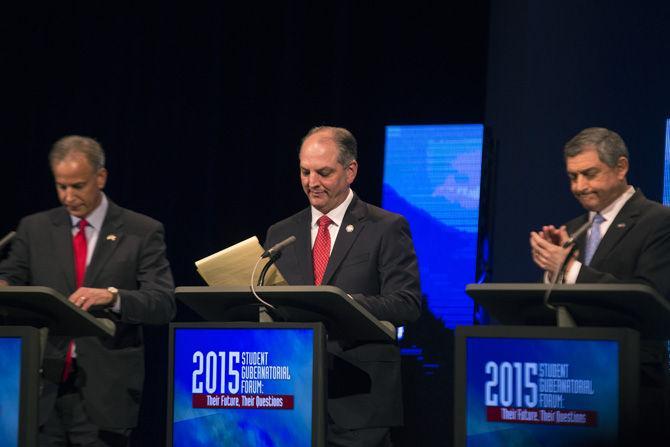 Gubernatorial candidates Scott Angelle (left), John Bel Edwards (middle) and Jay Dardenne (right) gather their notes after the &#8216;Student Gubernatorial Forum: Their Future, Their Questions&#8217; debate on Wednesday, Sept. 2, 2015, hosted by panelists from Southeastern Louisiana University and Northshore Technical Community College at Columbia Theatre for the Performing Arts in Hammond.